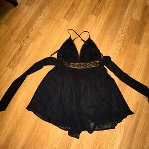 Miss Avenue Black Lace Chemise with Ornate Waistband Romper